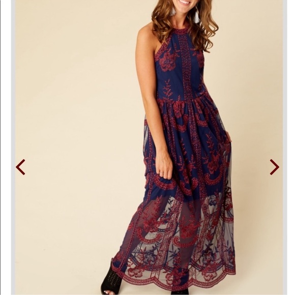 Altar'd State Dresses & Skirts - Altar’d State Navy Red Embroidered Maxi Dress Boho Floral Mesh Sleeveless Large